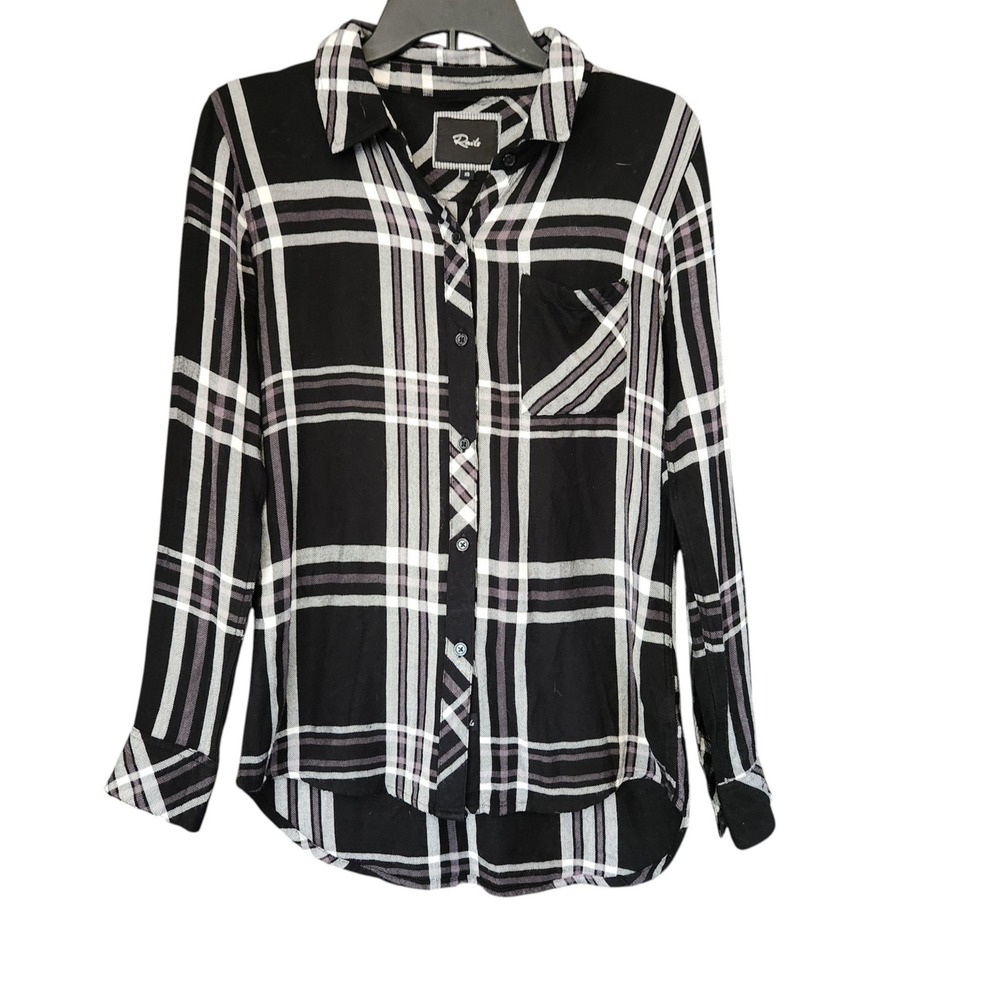 Rails Hunter Plaid Button Down Shirt Black White XS Rayon Long Sleeve Pocket